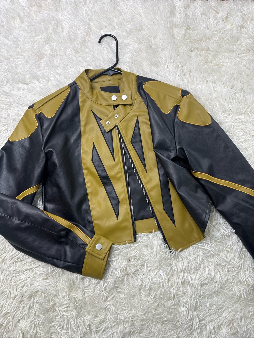 Fashion Nova Black and Olive Two-Tone Leather Jacket